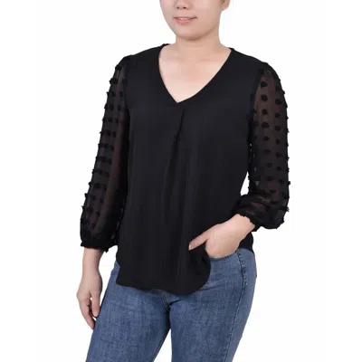 Ny Collection Petite V-neck Blouse With 3/4 Jacquard Chiffon Sleeves In Black