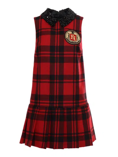 Elisabetta Franchi Red Wool Tartan Embroidered Patch Dress In Red