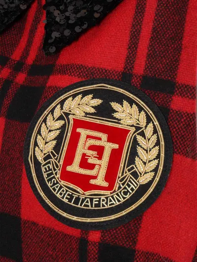 Elisabetta Franchi Red Wool Tartan Embroidered Patch Dress In Red