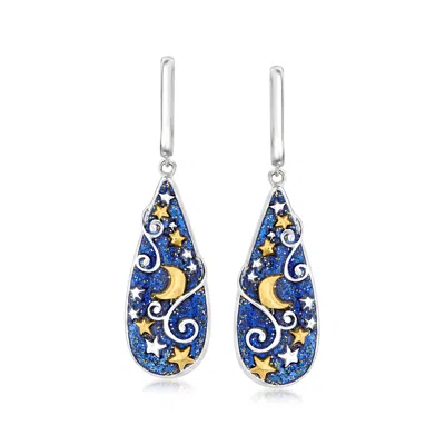 Ross-simons Glittery Blue Enamel Celestial Hoop Drop Earrings In 2-tone Sterling Silver In White