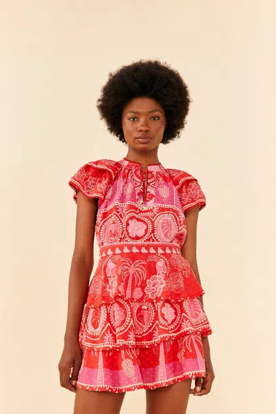 Farm Rio Womens Floral Print Cotton Blouse In Summer Sunrise Red