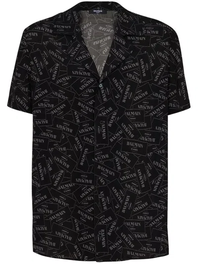 Balmain Black Shirt With Notched Collar And All-over Logo Print In Black