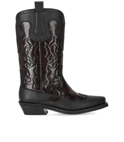 Ganni Black Reptile Effect Texan Boot In Black