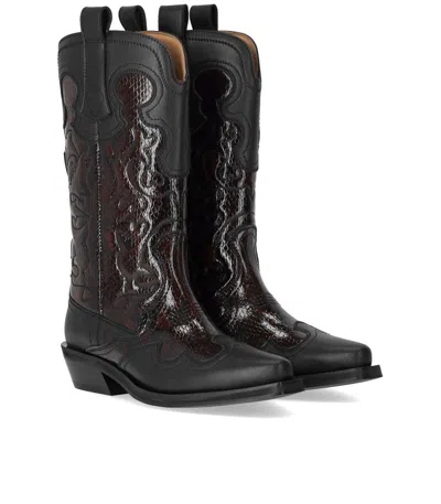Ganni Black Reptile Effect Texan Boot In Black