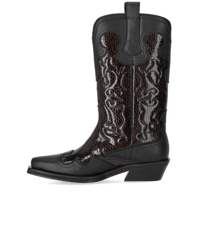Ganni Black Reptile Effect Texan Boot In Black