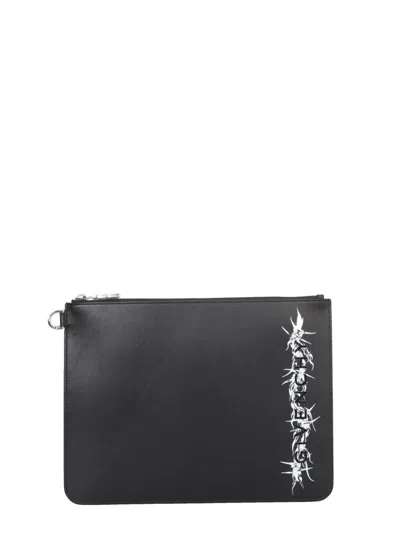 Givenchy Leather Pouch Handbag With Front Painted Effect Logo In Gray