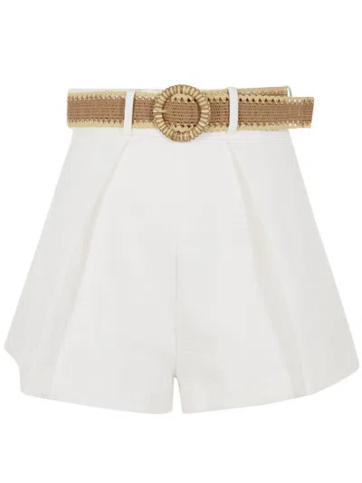 Zimmermann Acacia Belted Pleated Textured-cotton Shorts In White