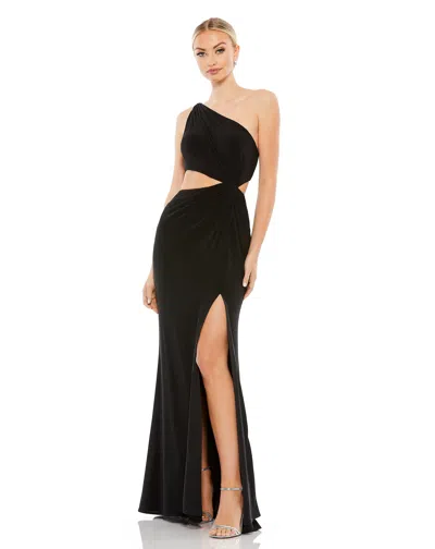 Mac Duggal One Shoulder Ruched Cut Out Jersey Gown In Black