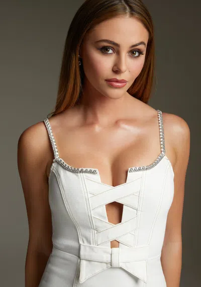 Bebe Bow Front Fitted Denim Dress Embellished With Crystals By Swarovski In Soft White Wash