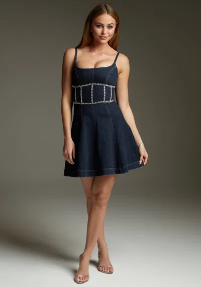 Bebe Fit & Flare Denim Dress Embellished With Crystals By Swarovski In Indigo Wash