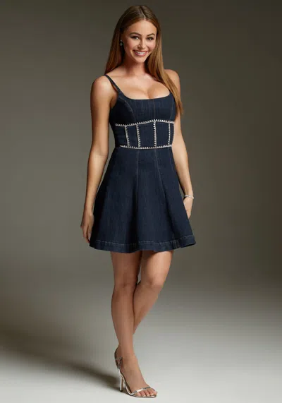 Bebe Fit & Flare Denim Dress Embellished With Crystals By Swarovski In Indigo Wash