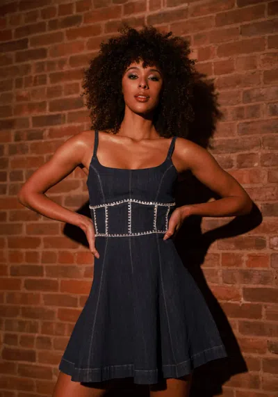 Bebe Fit & Flare Denim Dress Embellished With Crystals By Swarovski In Indigo Wash