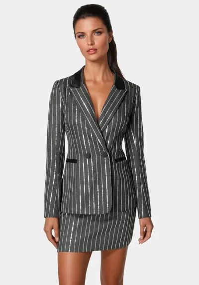 Bebe Stripe Sequins Double Breasted Blazer In Charcoal Grey