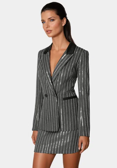 Bebe Stripe Sequins Double Breasted Blazer In Charcoal Grey