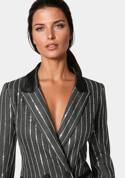 Bebe Stripe Sequins Double Breasted Blazer In Charcoal Grey