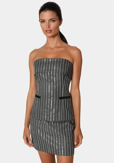 Bebe Stripe Sequins Strapless Corset In Charcoal Grey