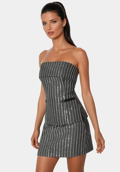 Bebe Stripe Sequins Strapless Corset In Charcoal Grey