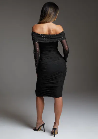 Bebe Off Shoulder Mesh Midi Dress Embellished With Crystals By Swarovski In Black