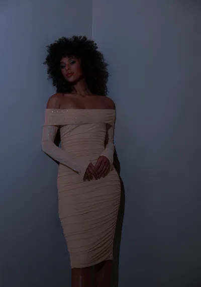 Bebe Off Shoulder Mesh Midi Dress Embellished With Crystals By Swarovski In Nude