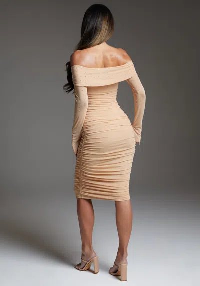 Bebe Off Shoulder Mesh Midi Dress Embellished With Crystals By Swarovski In Nude