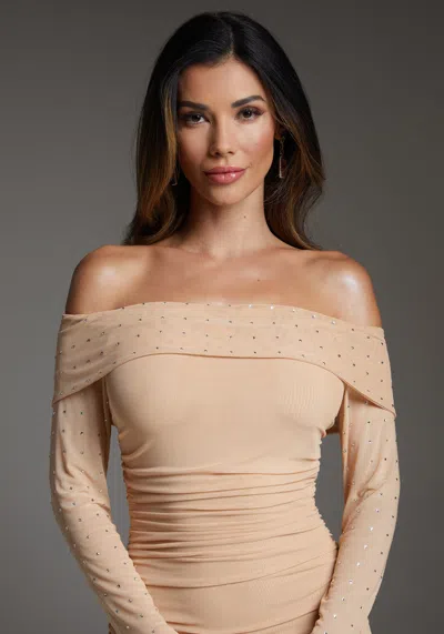 Shop Bebe Off Shoulder Mesh Midi Dress Embellished With Crystals By Swarovski In Nude
