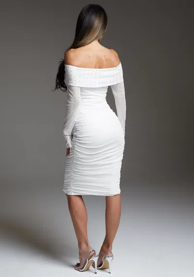 Bebe Off Shoulder Mesh Midi Dress Embellished With Crystals By Swarovski In White