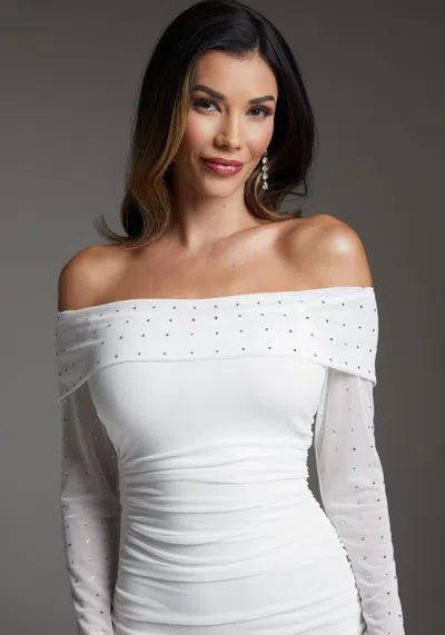 Bebe Off Shoulder Mesh Midi Dress Embellished With Crystals By Swarovski In White