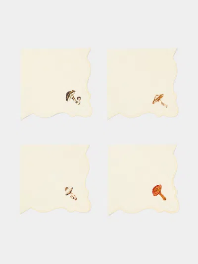 La Gallina Matta Angelina Mushrooms Embroidered Linen Napkins (set Of 4)  Abask Gift Set