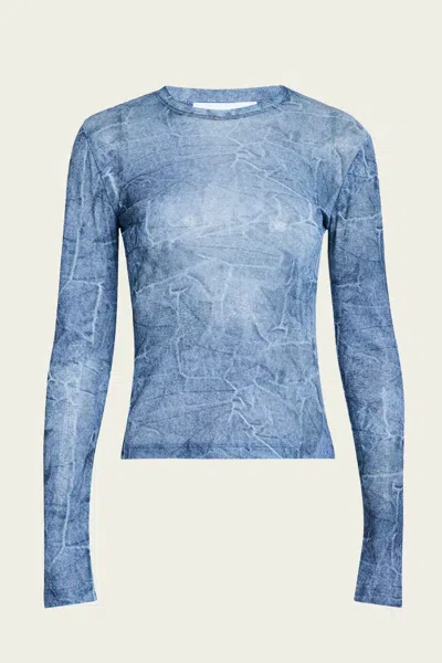 Ganni Marl Mesh Long Sleeve Crew Neck Blouse In Denim
