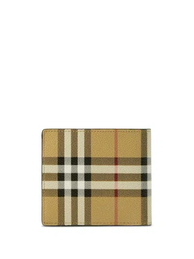 Burberry Beige Bifold Wallet With Check Motif In Techno Fabric