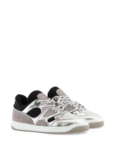 Gucci Elevate Your Style With This Silver And Black Metallic-leather Sneaker