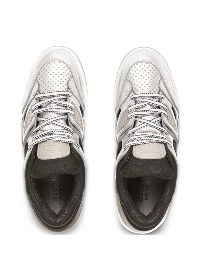 Gucci Elevate Your Style With This Silver And Black Metallic-leather Sneaker