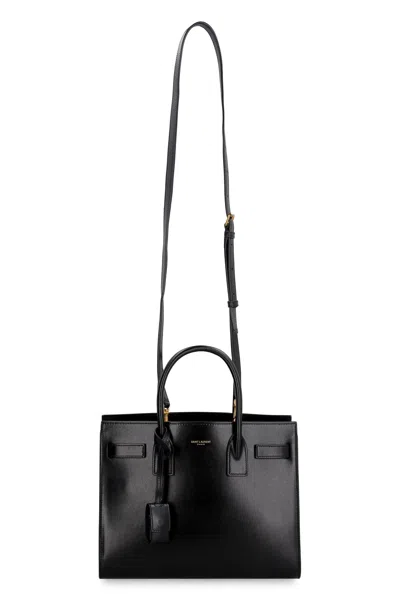 Saint Laurent Smooth Black Leather Mini Tote Handbag With Removable Shoulder Strap And Metal Hardware
