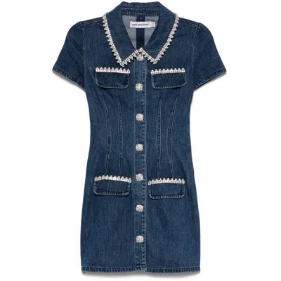 Self-portrait Blue Mini Dress With Rhinestoned Collar And Jewel Buttons With Crystals In Denim Woman In Blue