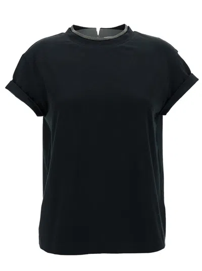 Brunello Cucinelli Short-sleeved T-shirt With Rolled Sleeves And Keyhole Detail In Black