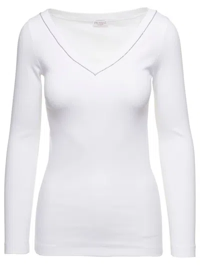 Brunello Cucinelli White V-neck Pullover With Beads Detailing In Stretch Cotton Woman Brunello Cucin In White