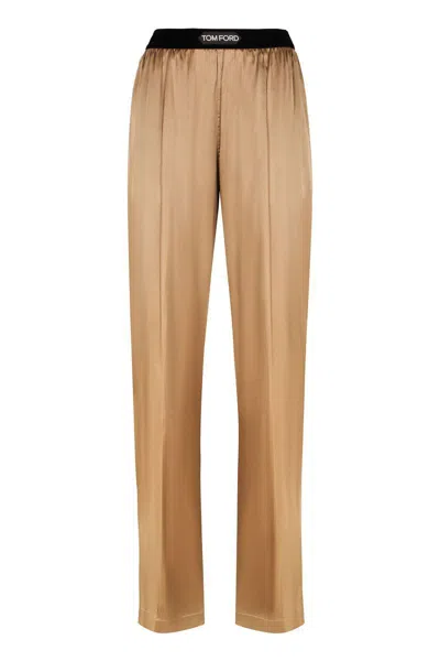 Tom Ford Straight-leg Silk-blend Trousers In Beige