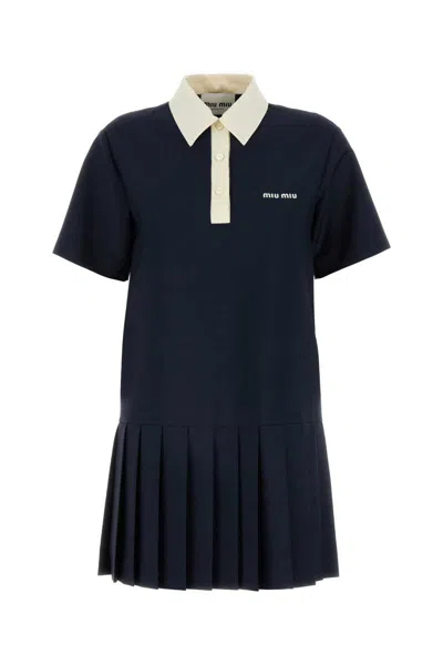 Miu Miu Women Polo Shirt Dress With Pleated Hem In Blue