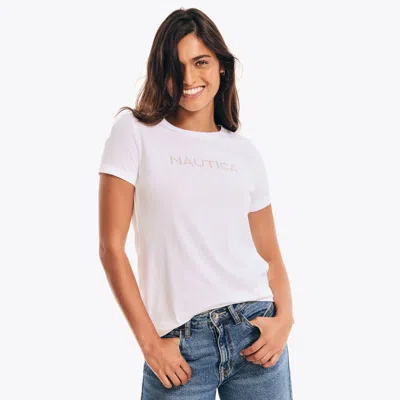 Nautica Womens Sustainably Crafted Studded Logo Crewneck T-shirt In White