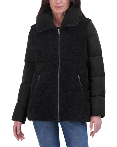 Tahari Women's Mixed-media Stand-collar Puffer Coat In Black