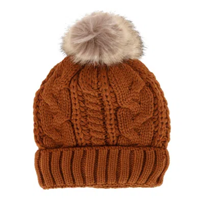 Ctm Women's Cable Knit Lined Winter Beanie With Synthetic Fur Pom In Pink