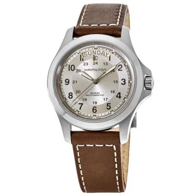Hamilton Khaki Field King Auto Day-date Silver Dial Leather Strap Men's Watch In Silver