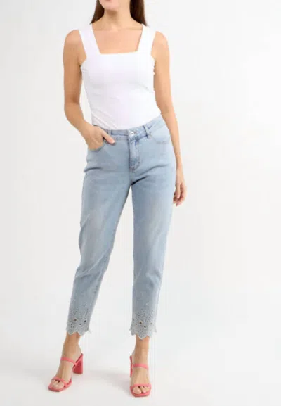 Orly Button Front Jeans With Floral Cutouts And Bling In Light Blue In Blue