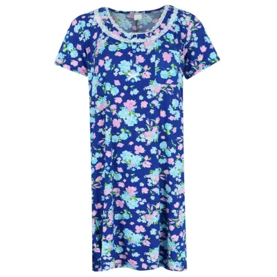 Elegant Emily Women's Floral Henley Short Sleeve Sleep Gown In Blue