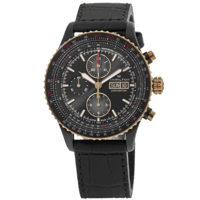 Hamilton Khaki Aviation Converter Auto Chrono Black Dial Pvd Steel Leather Strap Men's Watch In Black
