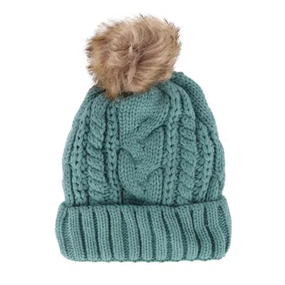 Ctm Women's Cable Knit Lined Winter Beanie With Synthetic Fur Pom In Green