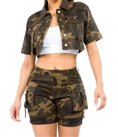 American Bazi Short Sleeve Cropped Jacket In Olive Camo In Green