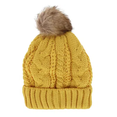 Ctm Women's Cable Knit Lined Winter Beanie With Synthetic Fur Pom In Multi
