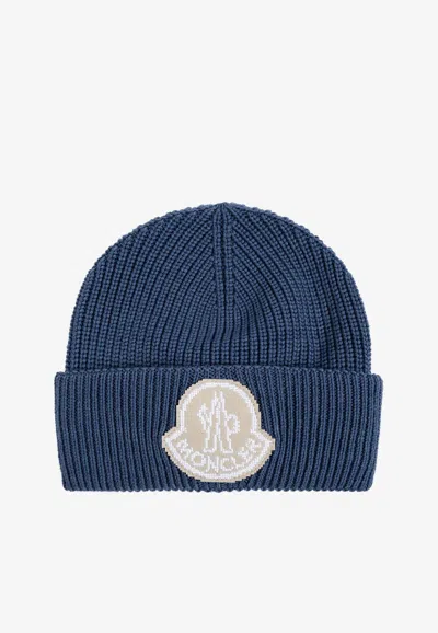Moncler Logo Patch Wool Beanie In Blue
