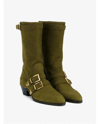 Chloé Susanna Buckled Leather Boots In Dark Khaki
